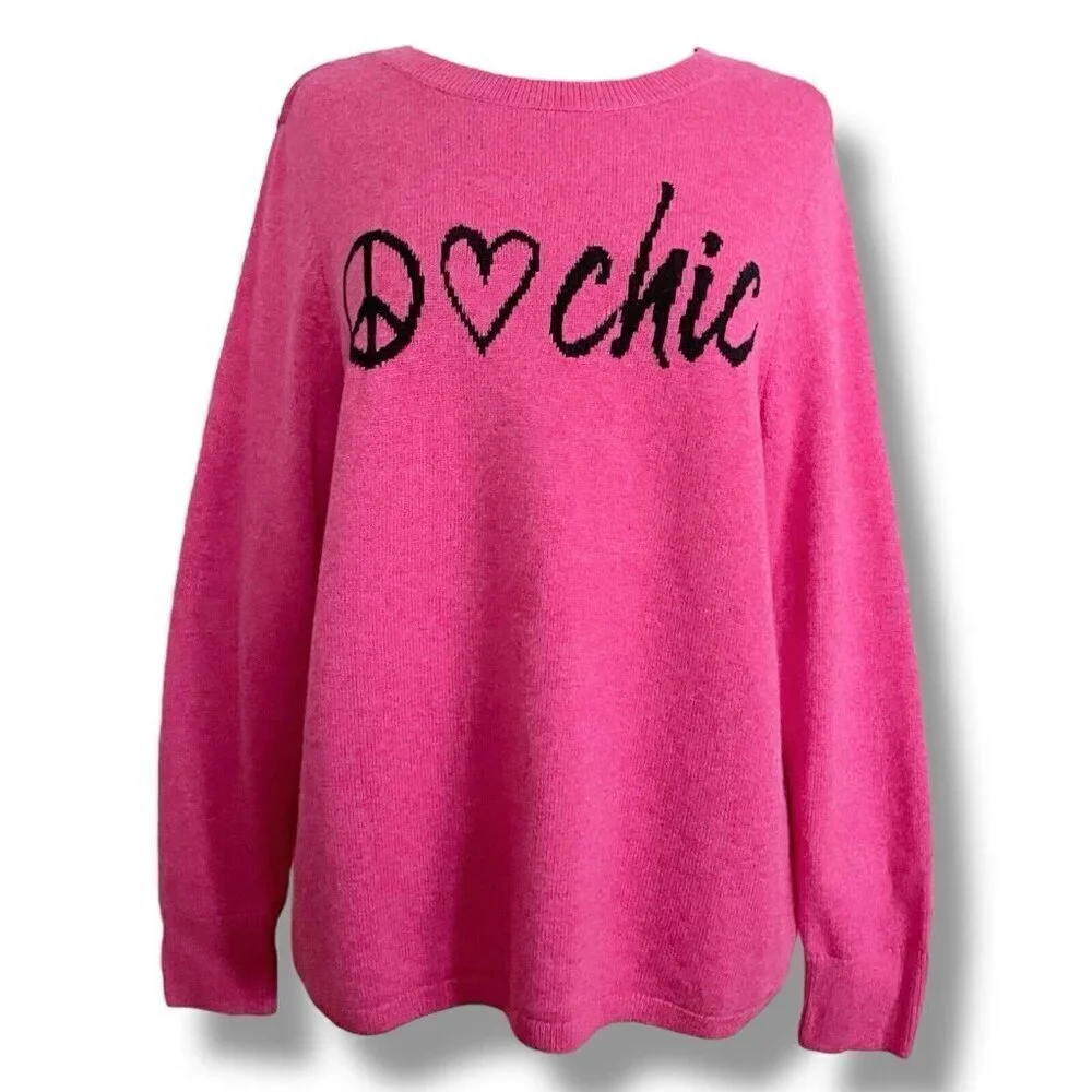 Chicos Womens Sweater Sz 2 Large Pink Wool Cashmere Blend Knit Peace Love Chic